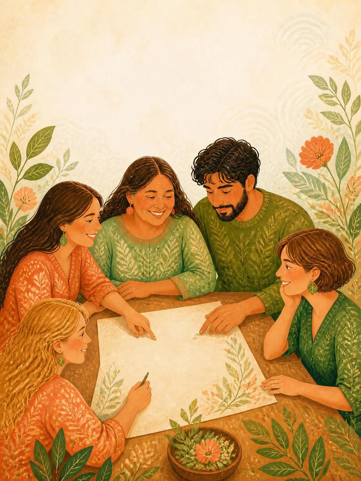 Illustrated family scene from a Celestial Bound book